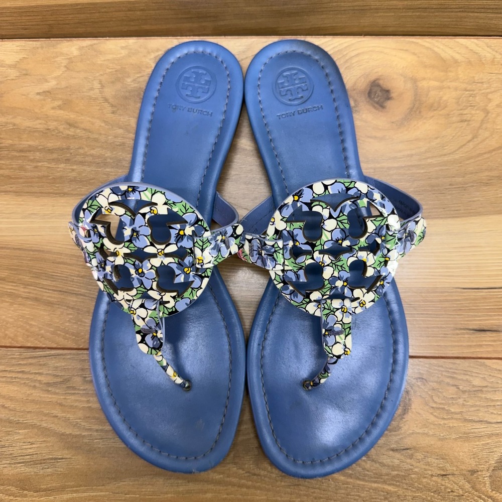 Tory Burch Miller Terrace Ditsy 9.5 M Blue Leather Floral Flip Flop Thong Travel